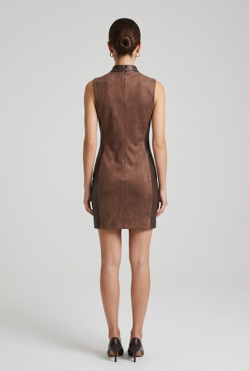 SLEEVELESS SUEDE DRESS WITH GOLD BUTTONS