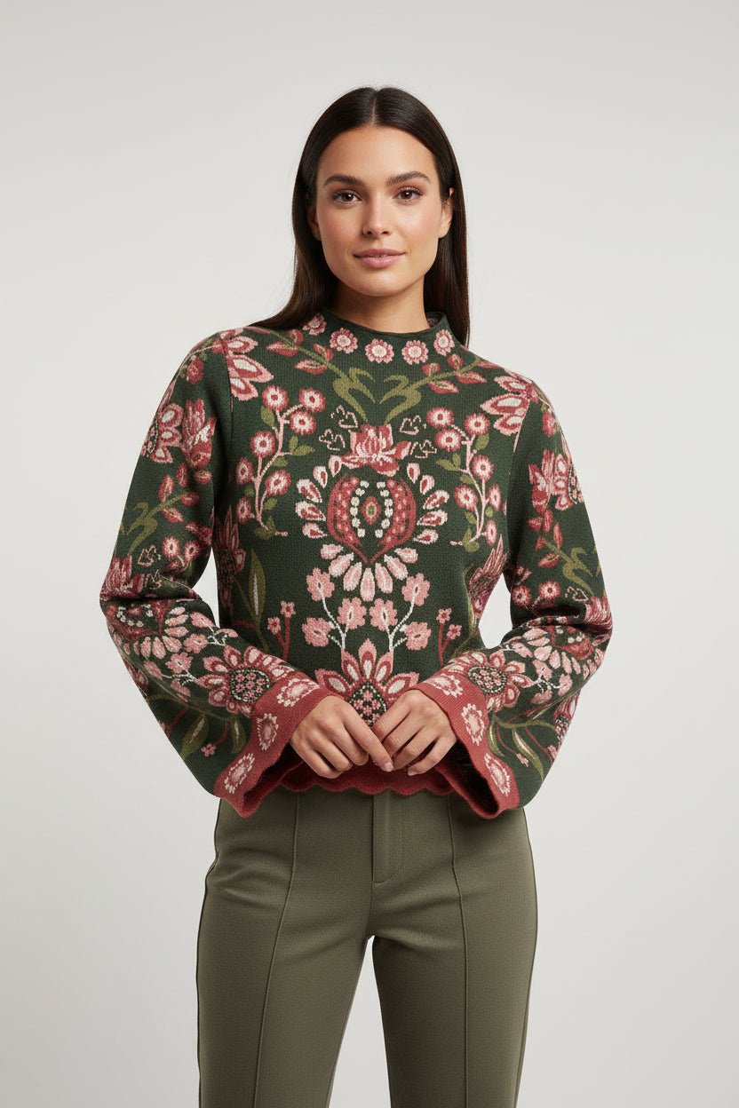 HIGH NECK LONG SLEEVE FLORAL SWEATER