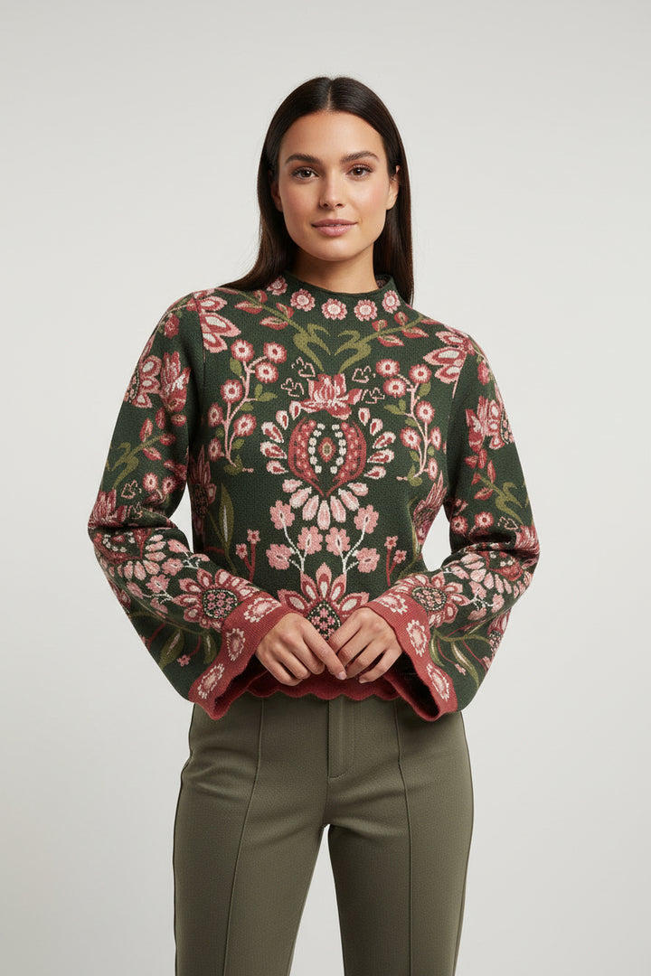 HIGH NECK LONG SLEEVE FLORAL SWEATER
