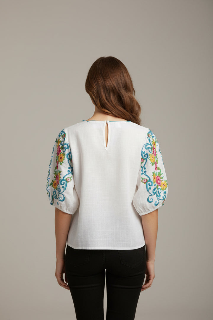 FLORAL EMB TOP WITH SCALLOP NECKLINE