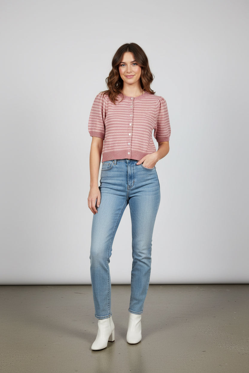 PUFF SHORT SLEEVE STRIPE CARDIGAN