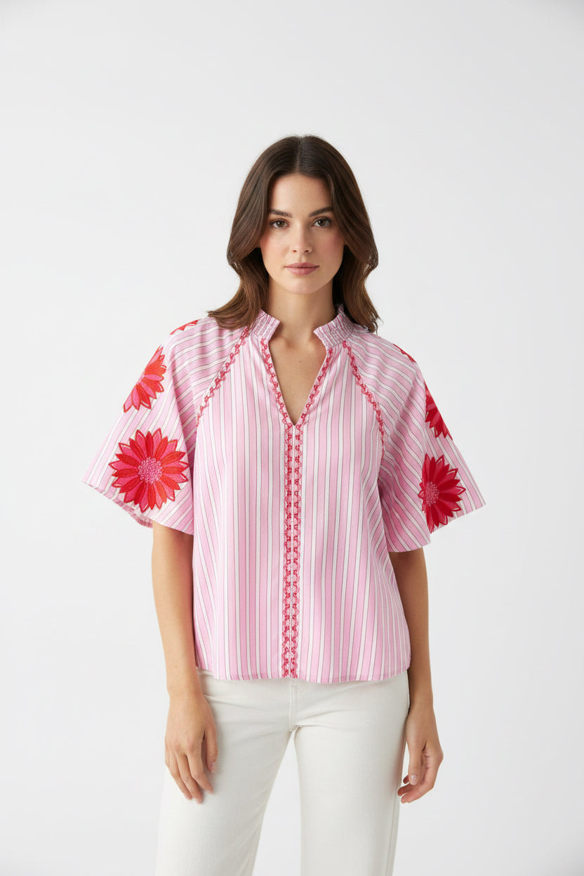 Floral Embroidery puff sleeve striped v-neck top