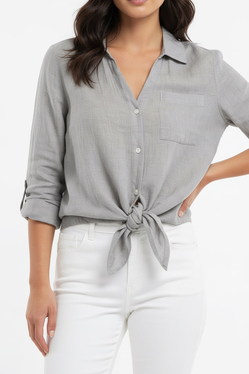 Linen Front Tie Button Shirt