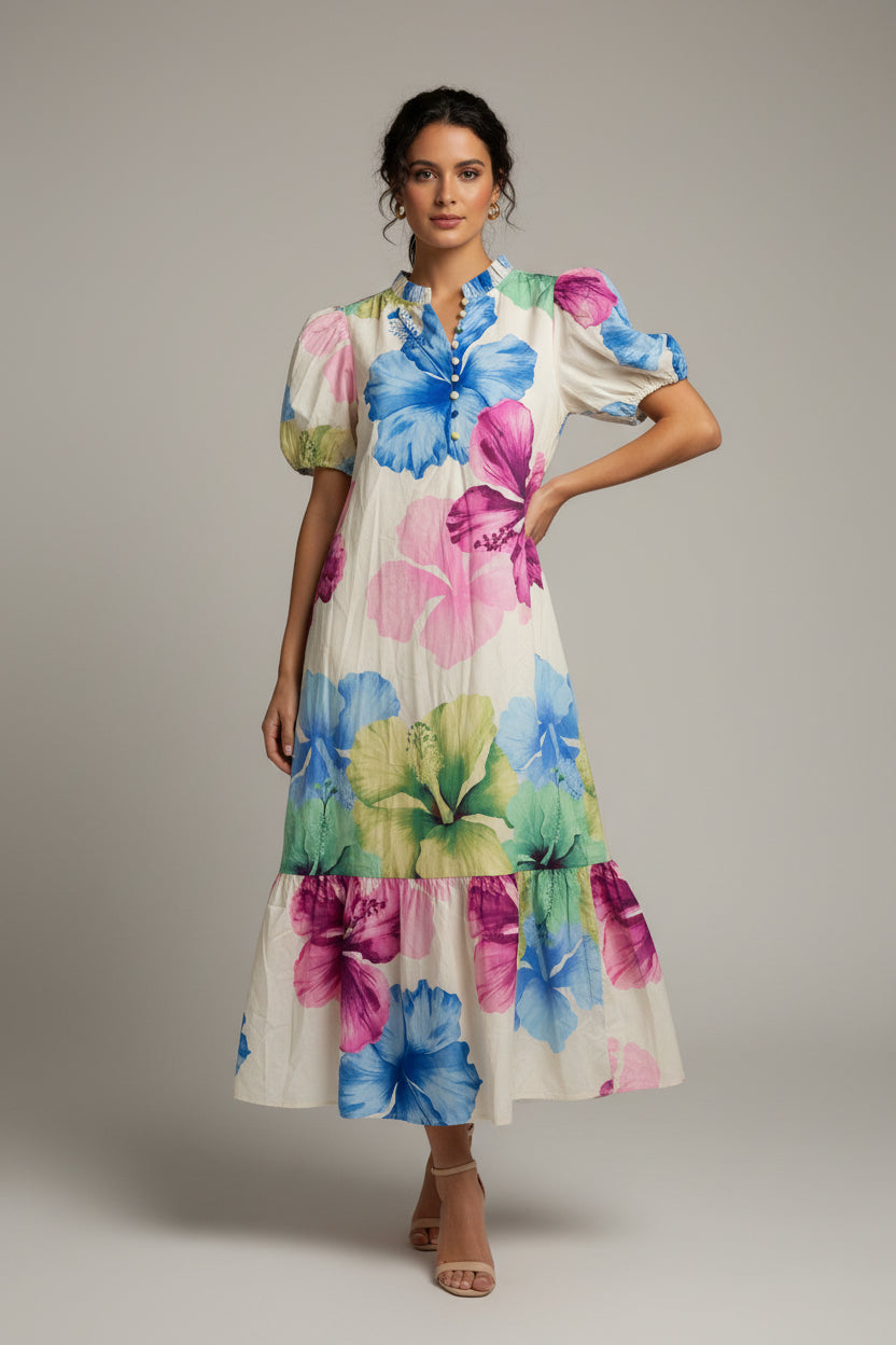 FRONT BUTTONS WITH PUFF SLEEVE MIDI DRESS