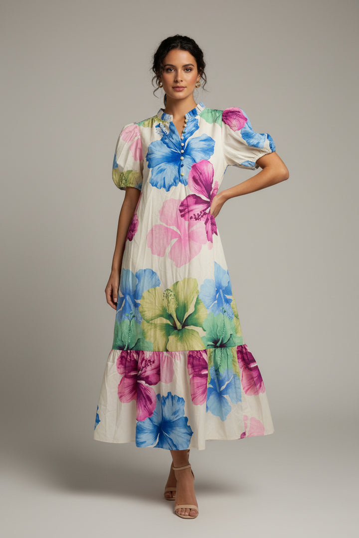 FRONT BUTTONS WITH PUFF SLEEVE MIDI DRESS