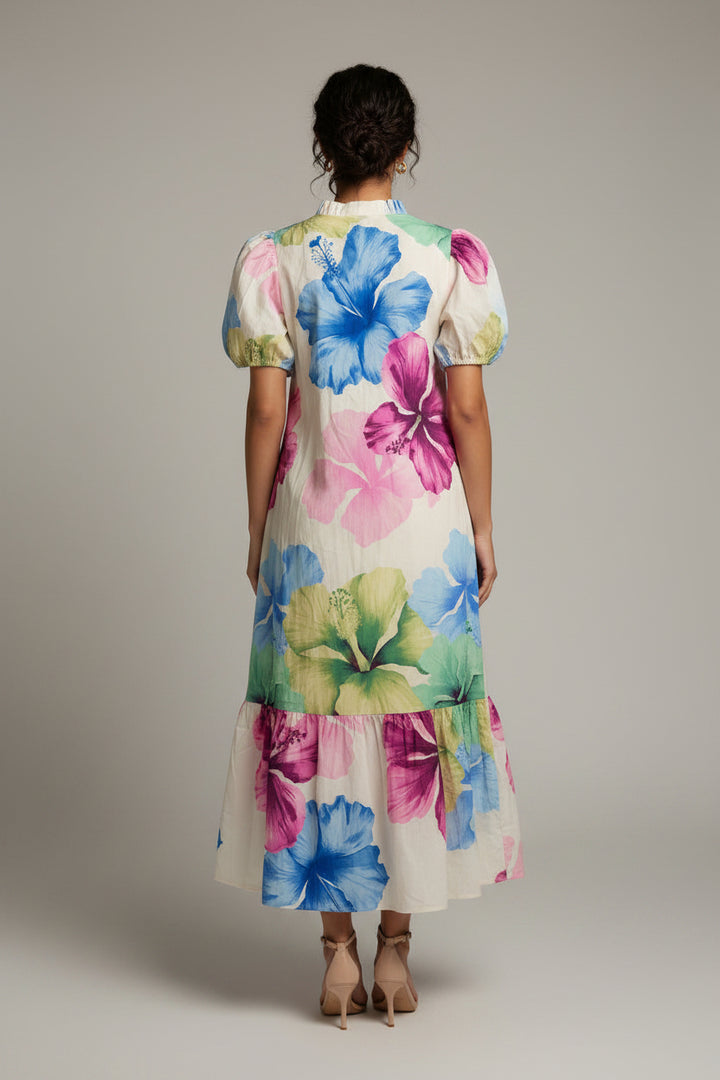 FRONT BUTTONS WITH PUFF SLEEVE MIDI DRESS