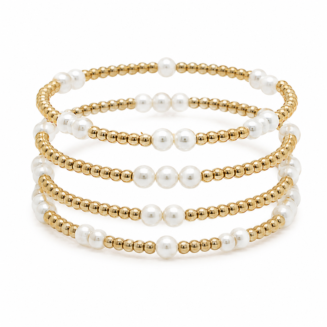 GOLD BEADED AND PEARL SET OF 5 STRETCH BRACELET