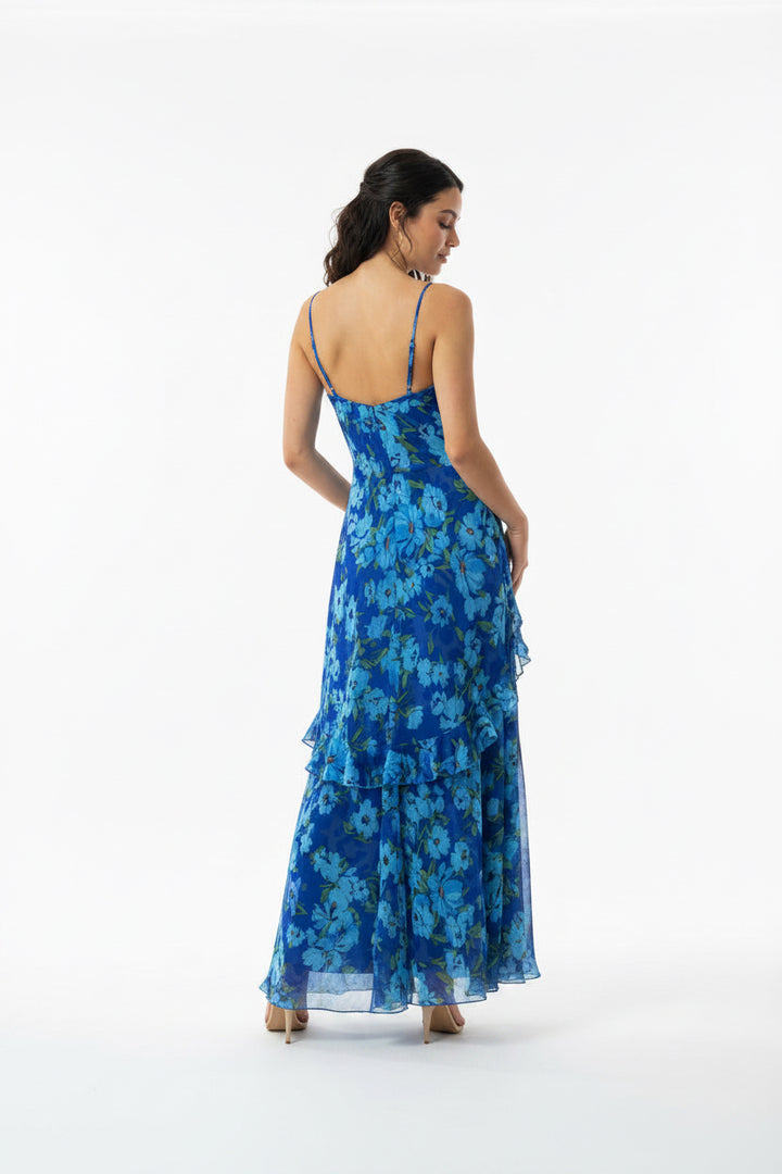 RUFFLE DETAIL THIN STRAP MAXI DRESS