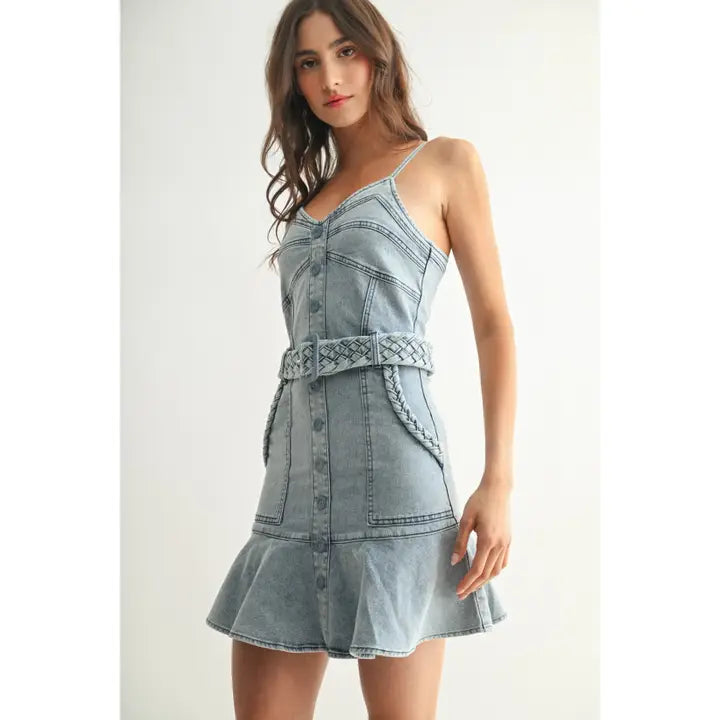 Stretch Denim Dress with Braided Belt Detail