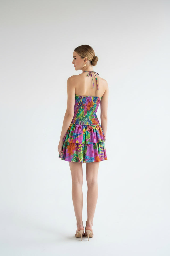 MULICOLORED HALTER TOP MINI DRESS