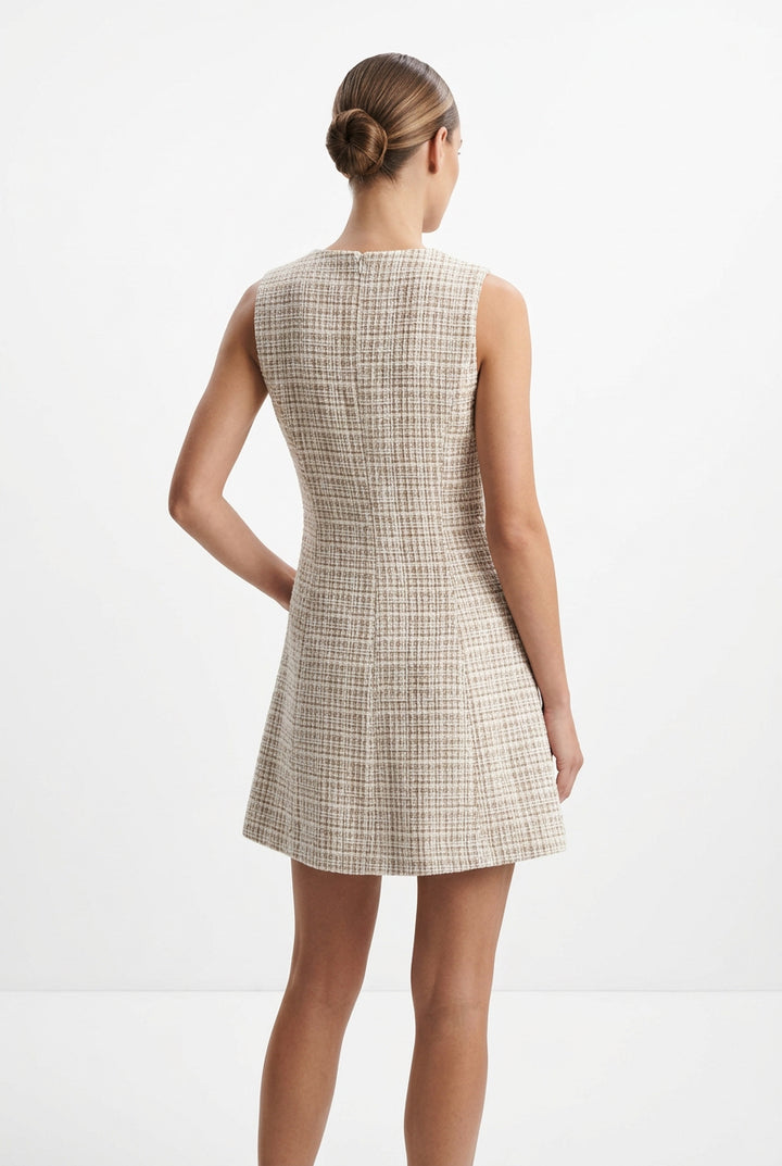 SLEEVELESS FIT AND FLARE TWEED MINI DRESS