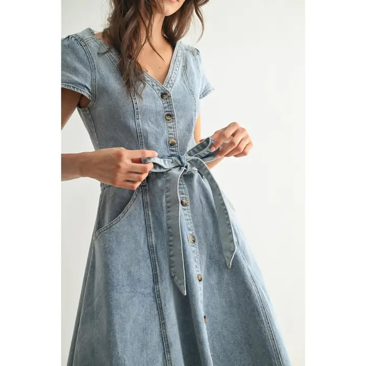Stretch Denim Buttoned High Low Dress