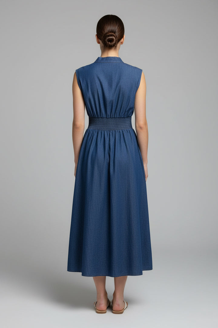 DROP SHOULDER SMOCKED WAIST WASHED DENIM MIDI DRESS WITH FRONT ZIPPER AND POCKETS