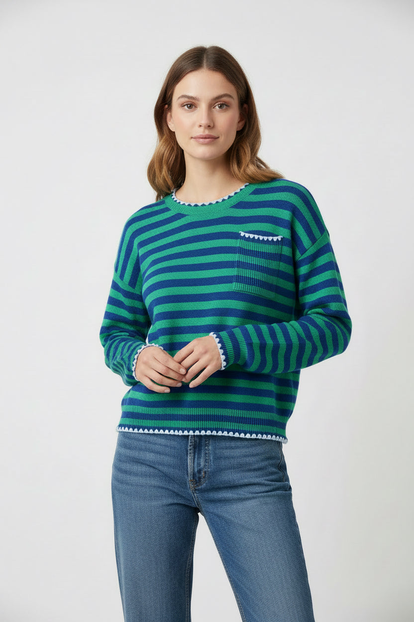 FRONT POCKET LONG SLEEVE STRIPED SWEATER