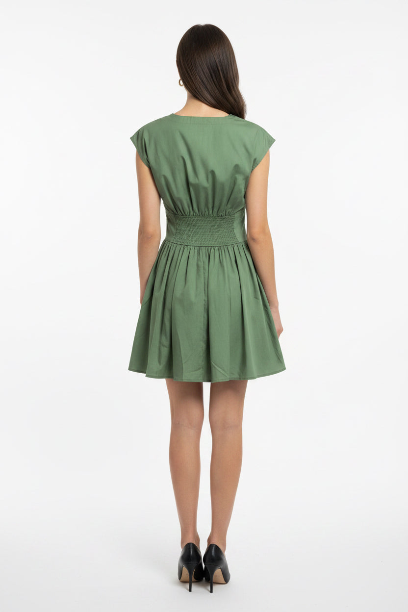 V-NECK MINI DRESS, BUTTON FRONT WITH CAP SLEEVE