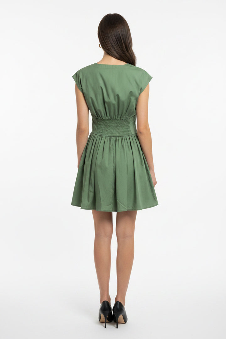 V-NECK MINI DRESS, BUTTON FRONT WITH CAP SLEEVE