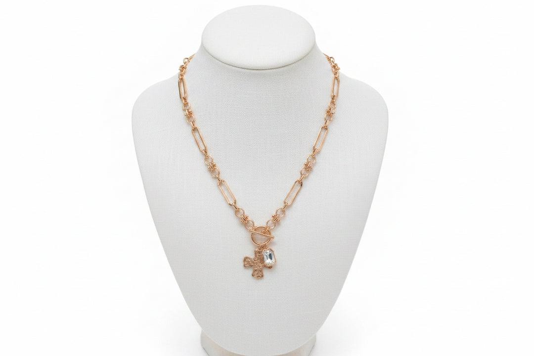 GOLD PAPERCLIP CHAIN NECKLACE WITH CROSS AND CLEAR STONE