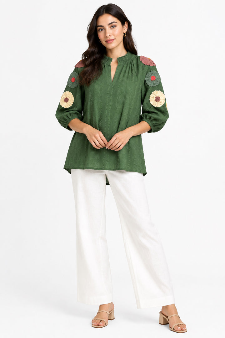 RUFFLED NECK FLOWER SLEEVES TOP