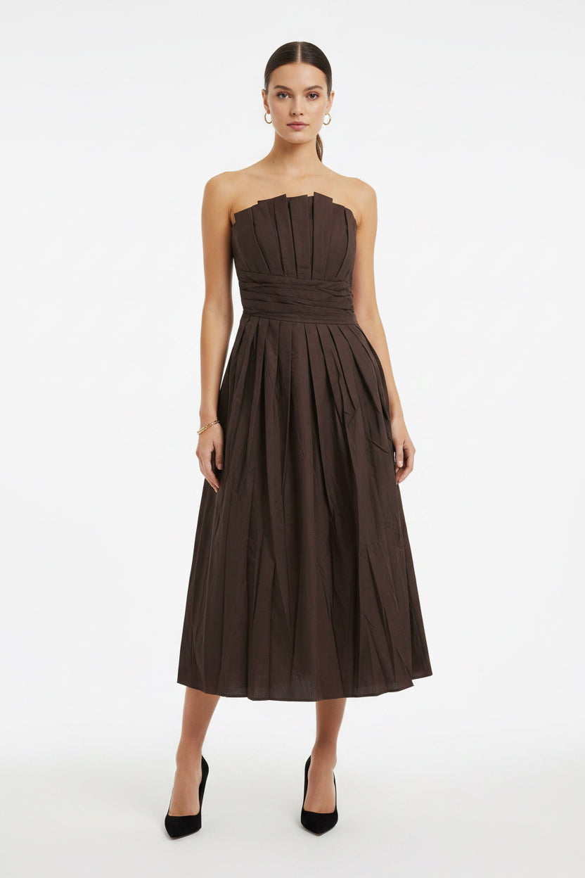 PLEATED BODICE STRAPLESS MIDI DRESS