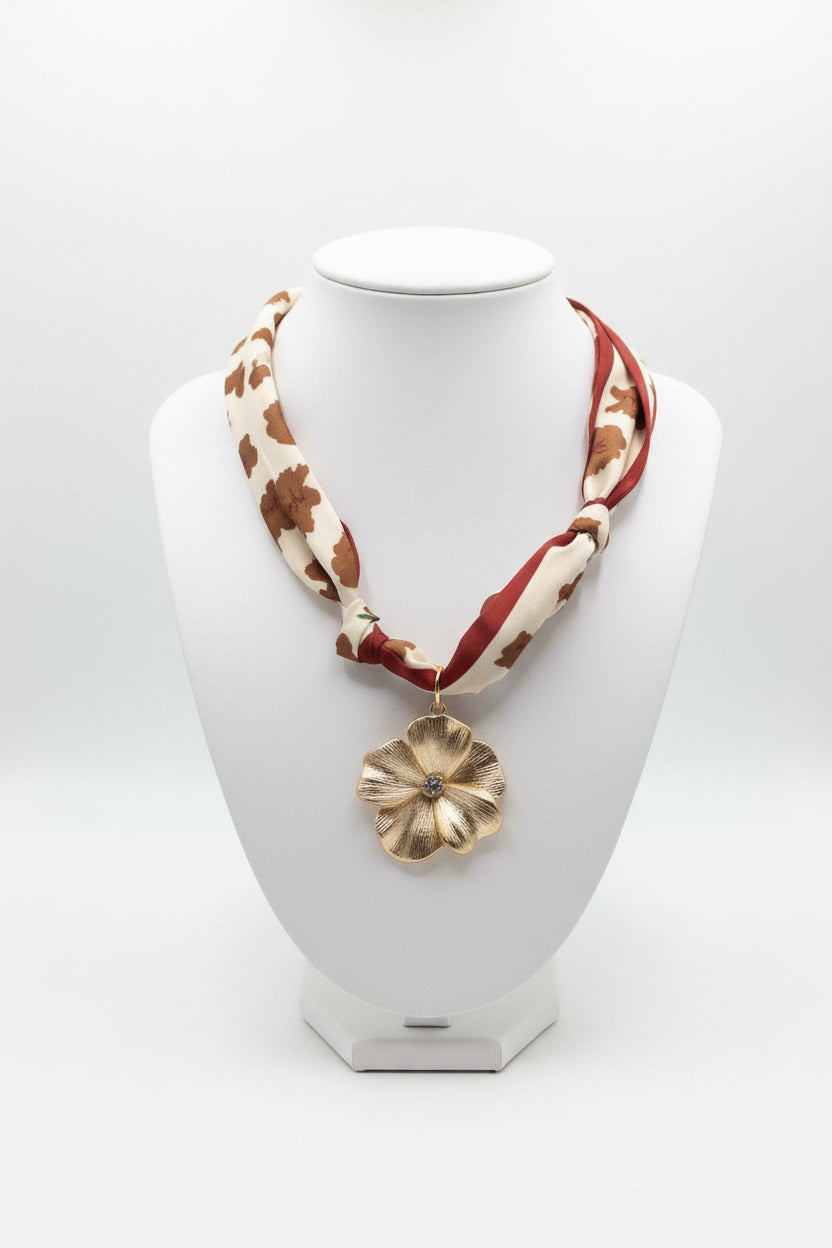 Flower Scarf Necklace with Flower Charm