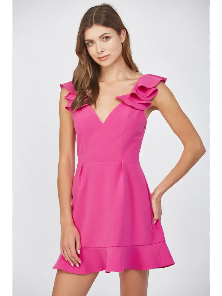Ruffle Shoulder Open Back Mini Dress
