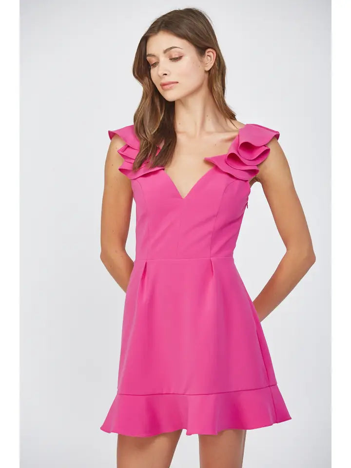 Ruffle Shoulder Open Back Mini Dress