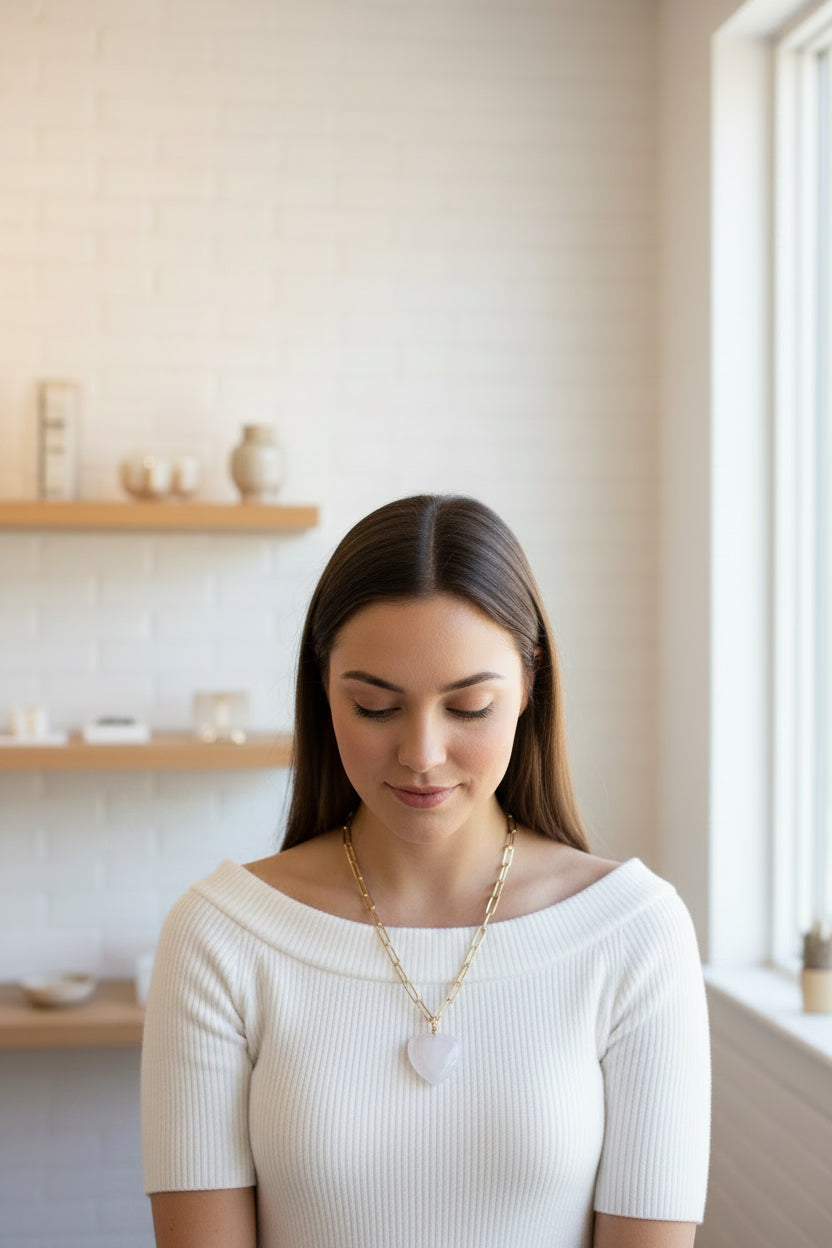 GOLD PAPERCLIP CHAIN NECKLACE WITH HEART STONE