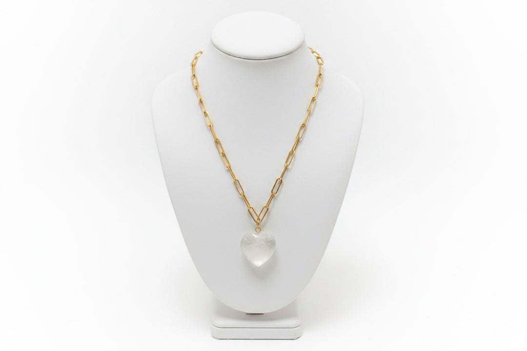 GOLD PAPERCLIP CHAIN NECKLACE WITH HEART STONE