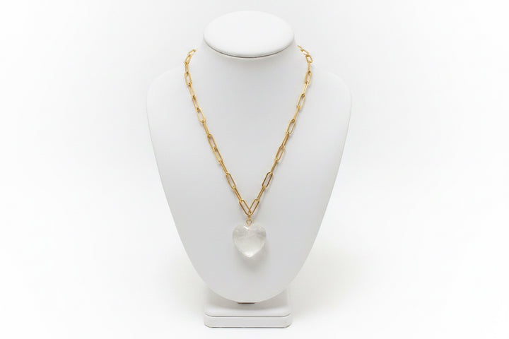 GOLD PAPERCLIP CHAIN NECKLACE WITH HEART STONE