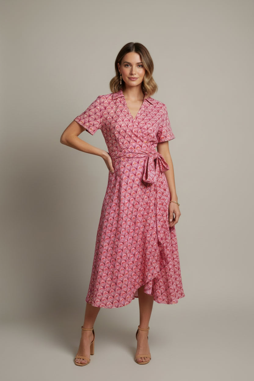 COLLAR NECK FRONT TWIST TIE FLOWER PRINT SHIRT DRESS