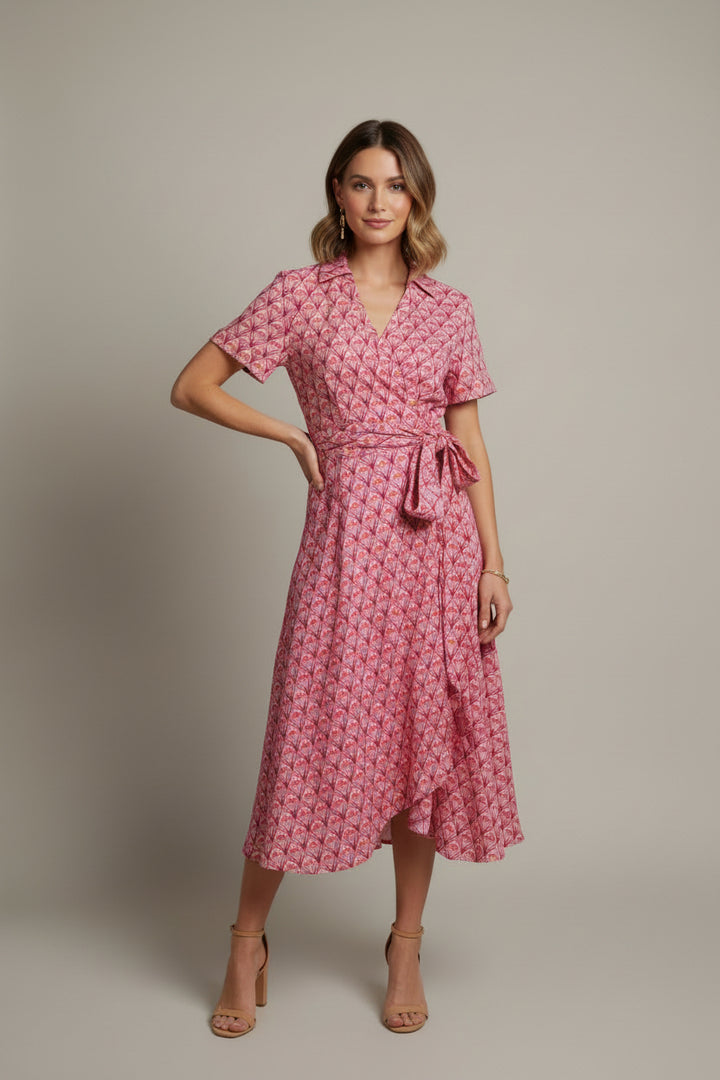 COLLAR NECK FRONT TWIST TIE FLOWER PRINT SHIRT DRESS