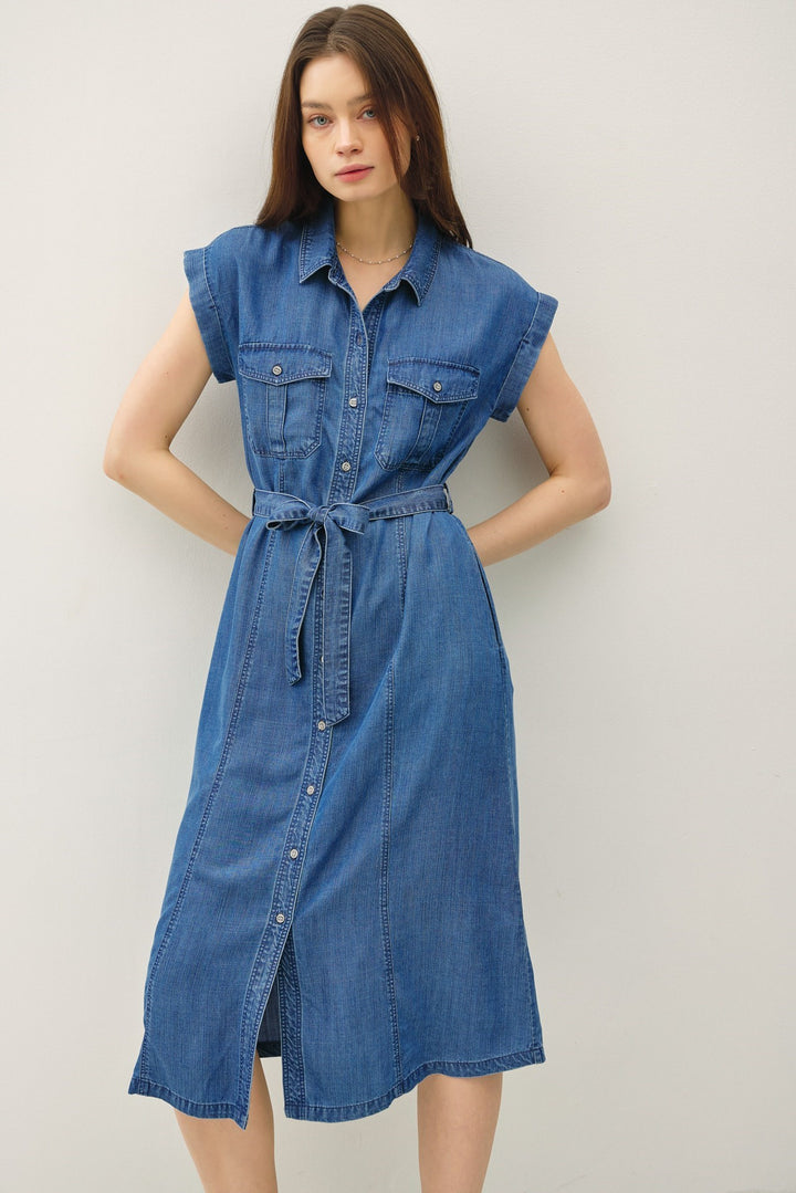 Denim Wash Button Down Tencel Midi Dress