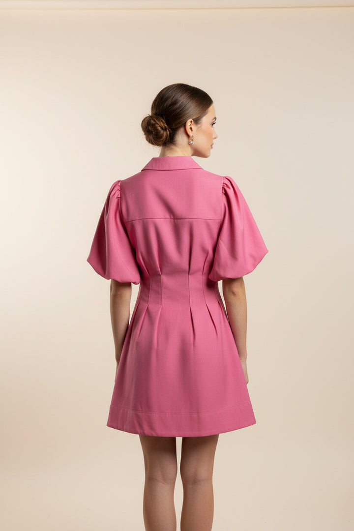 PLEATED DRESS BALLOON SLEEVE WAIST MINI FIT & FLARE