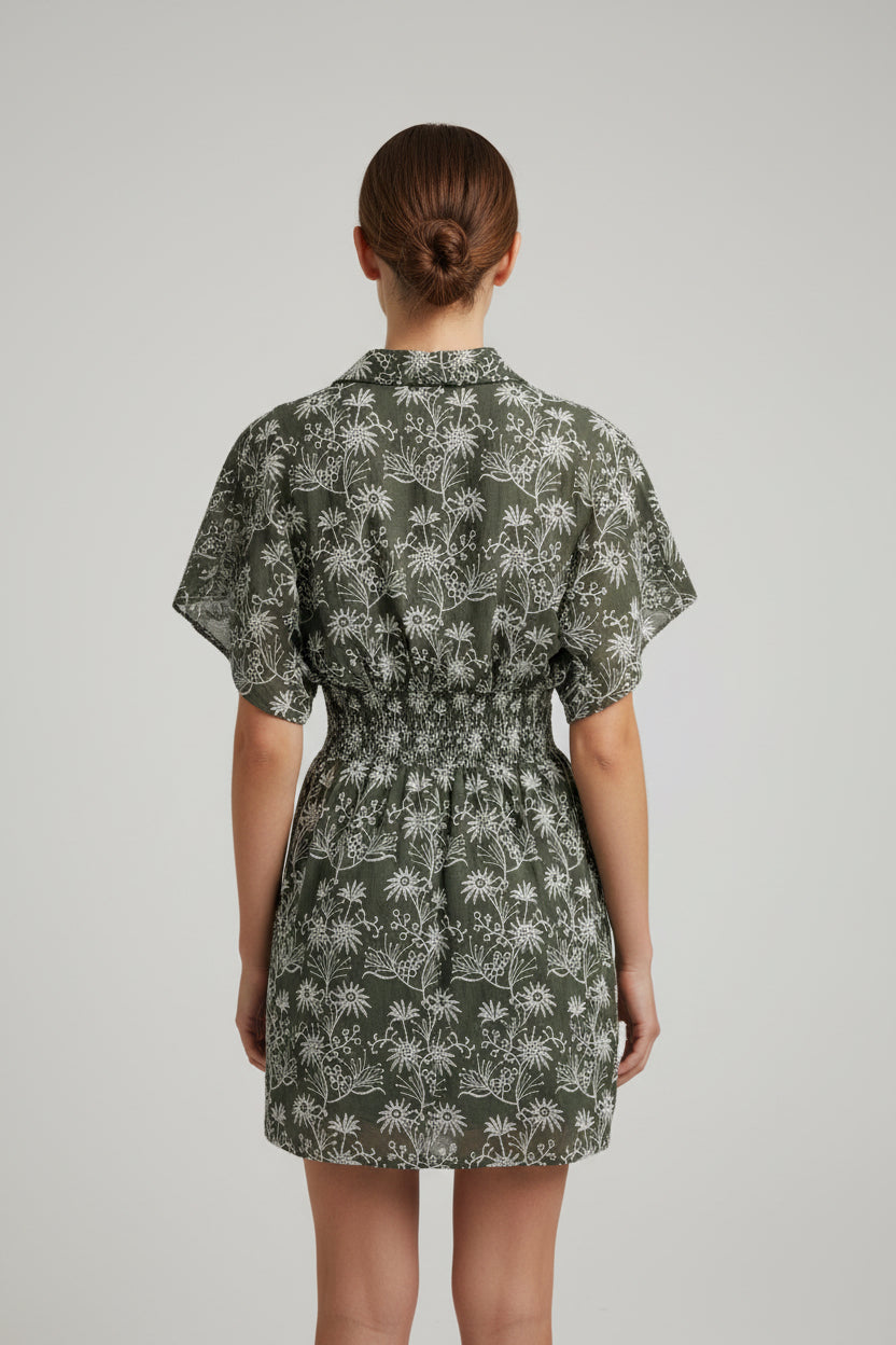 FLORAL EMB CINCHED WAISTLINE WIDE CUT SHORT SLEEVE MINI DRESS