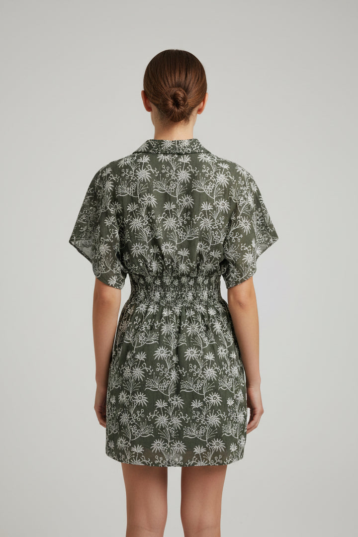 FLORAL EMB CINCHED WAISTLINE WIDE CUT SHORT SLEEVE MINI DRESS