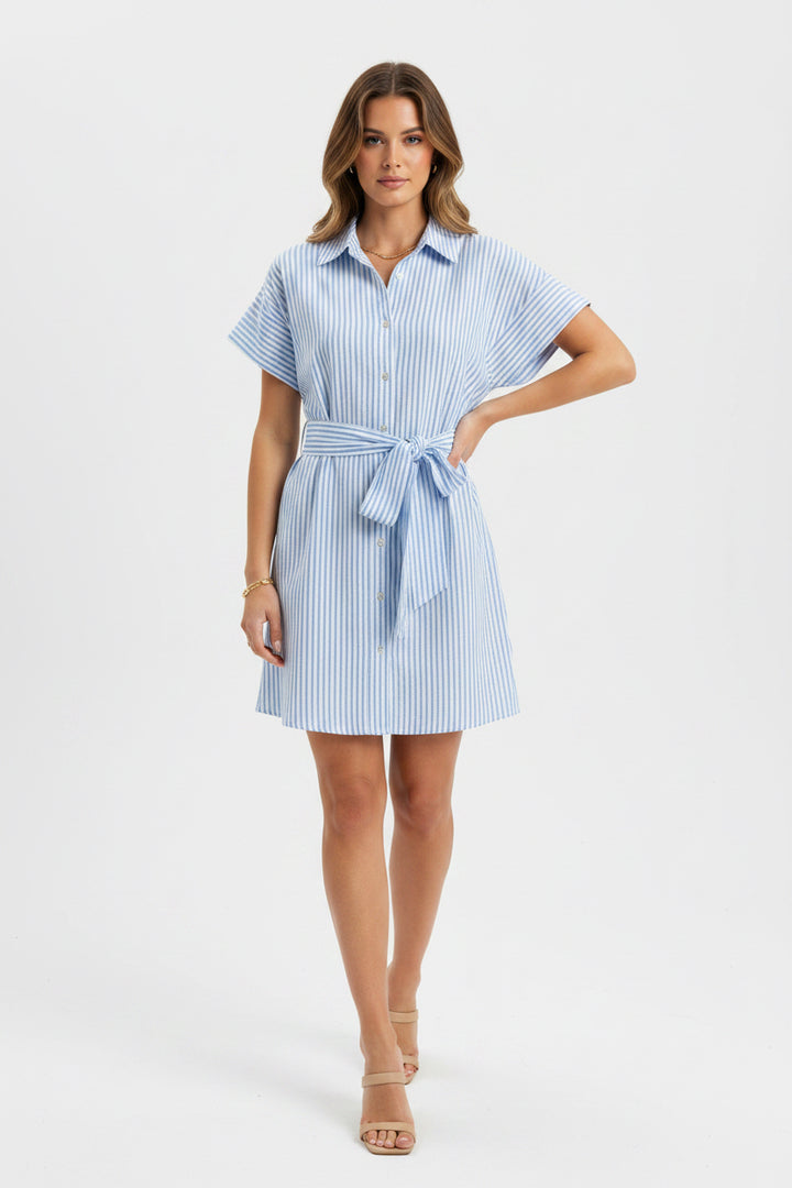 BUTTON UP MINI DRESS WITH COLLAR AND BELT