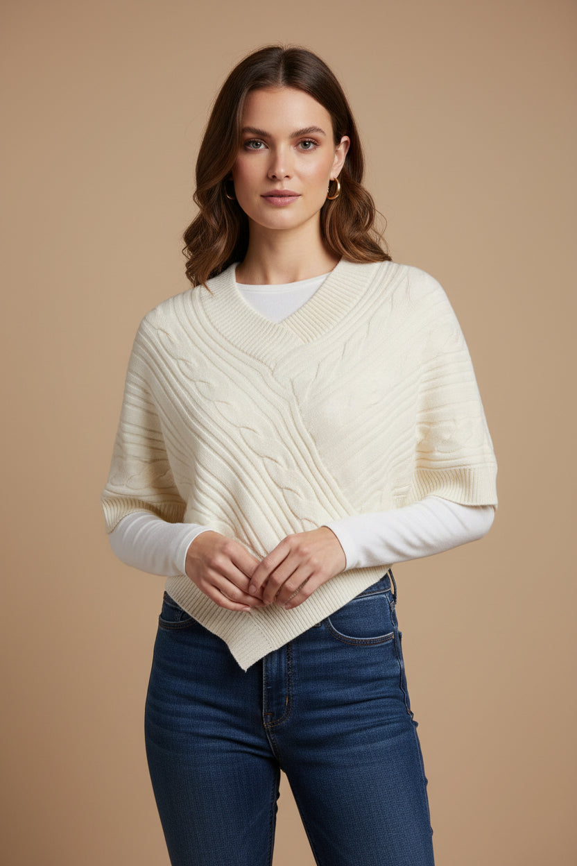 V-NECK LINE CABLE KNIT SWEATER PONCHO