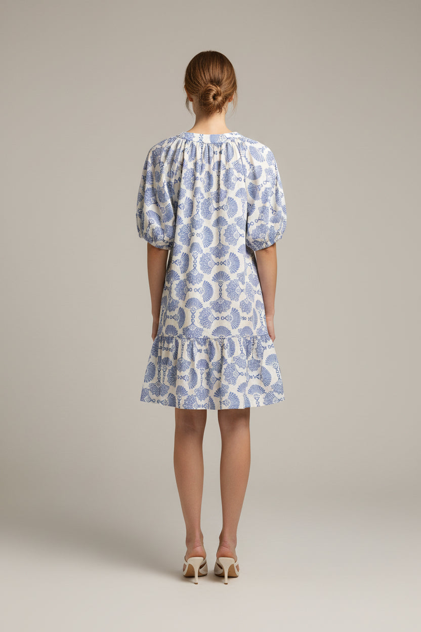 SHORT SLEEVE WOVEN PRINT BUTTON DOWN MINI DRESS WITH FULL LINING AND POCKETS