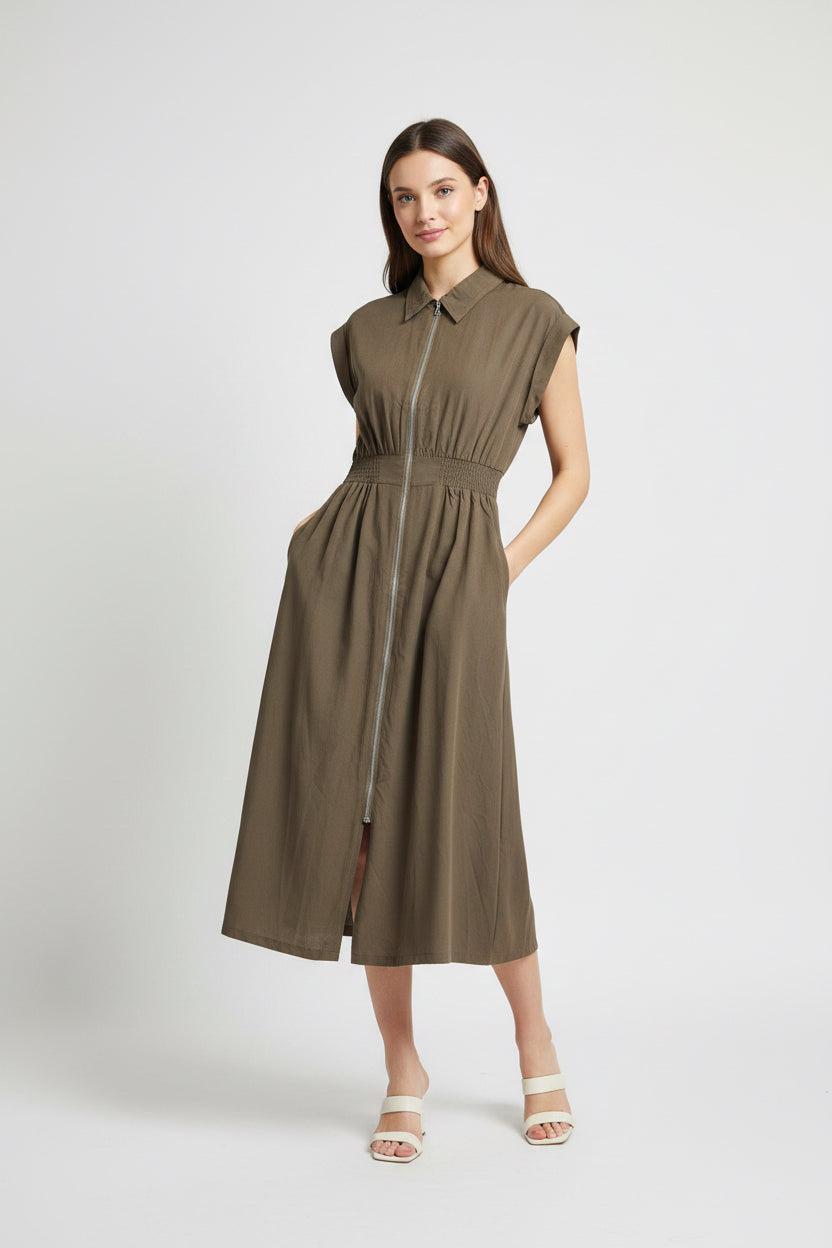 DROP SLEEVE WOVEN COLLARED ZIP UP MIDI DRESS WITH POCKETS