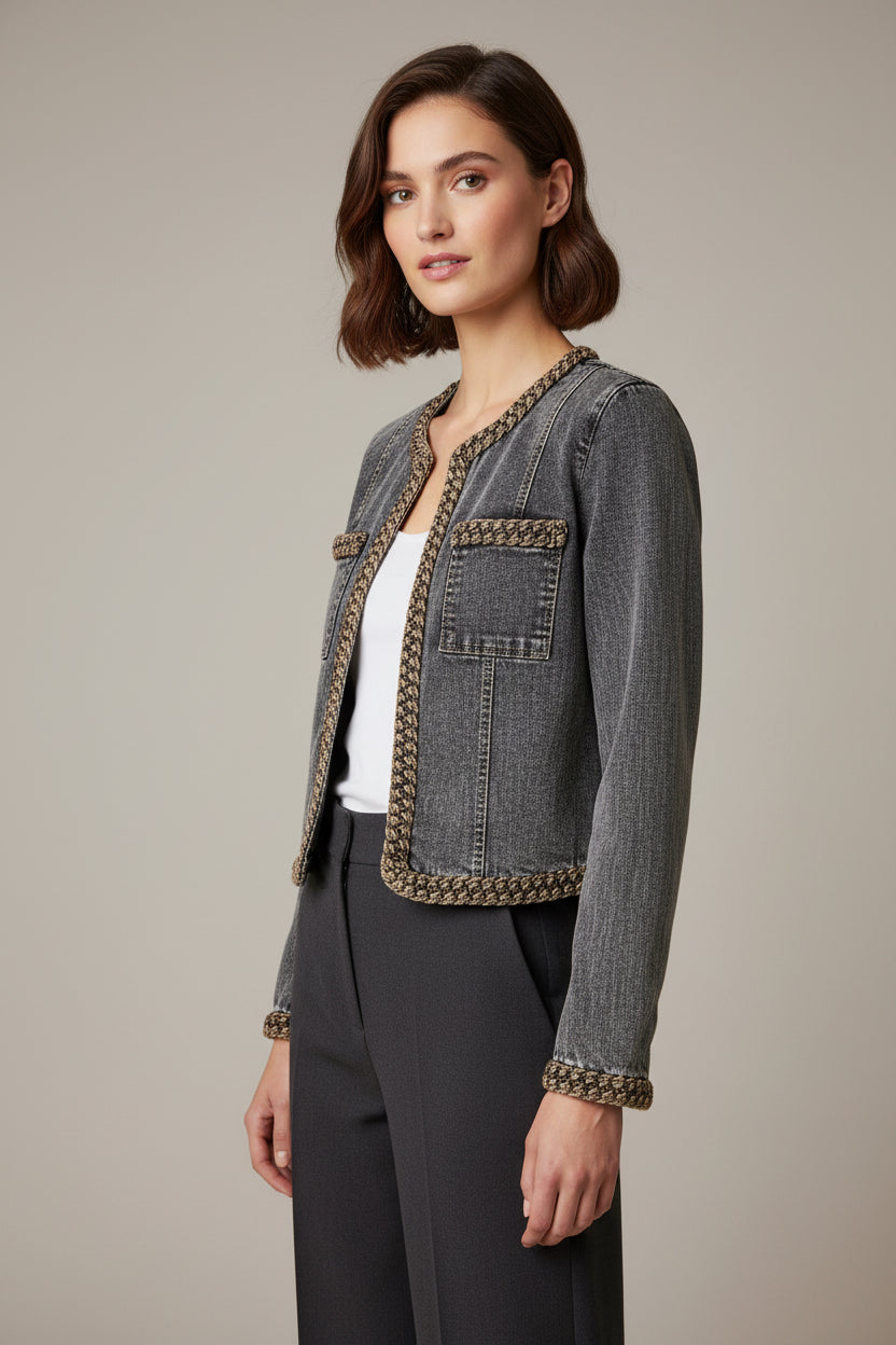 BRAIDED TRIM WASHED DENIM JACKET