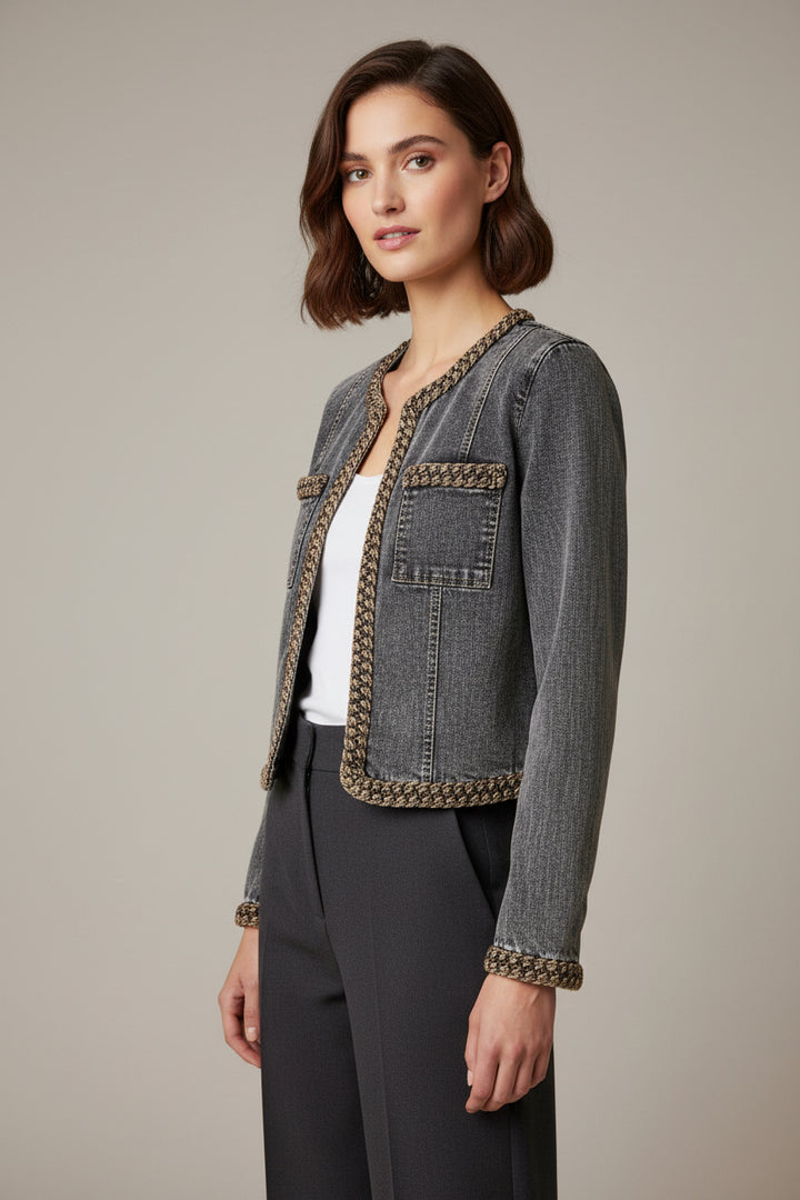 BRAIDED TRIM WASHED DENIM JACKET
