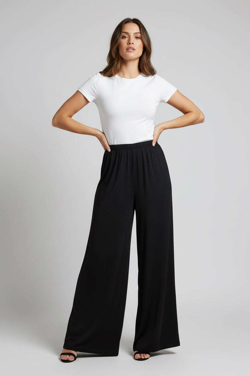 DOUBLE PLEAT WIDE LEG WITH ELASTIC BACK PANT