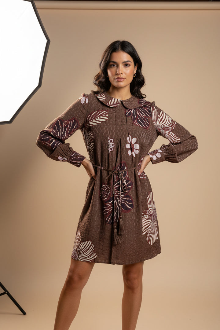 TEXTURED FLORAL PRINT COLLARED MINI DRESS