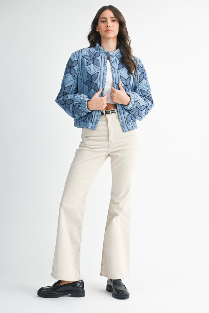 Flower and Scallop Stitched Quilted Jacket