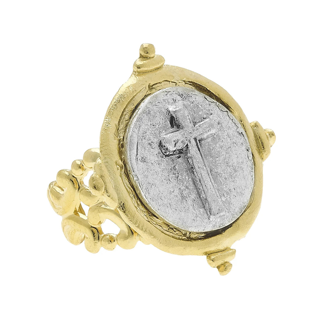 HANDCAST GOLD & SILVER CROSS RING