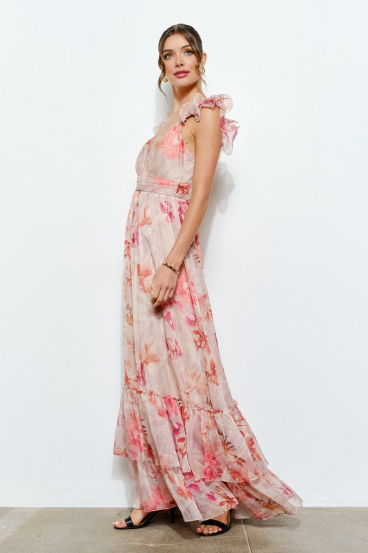 Floral Ruffle Sleeve Maxi Dress