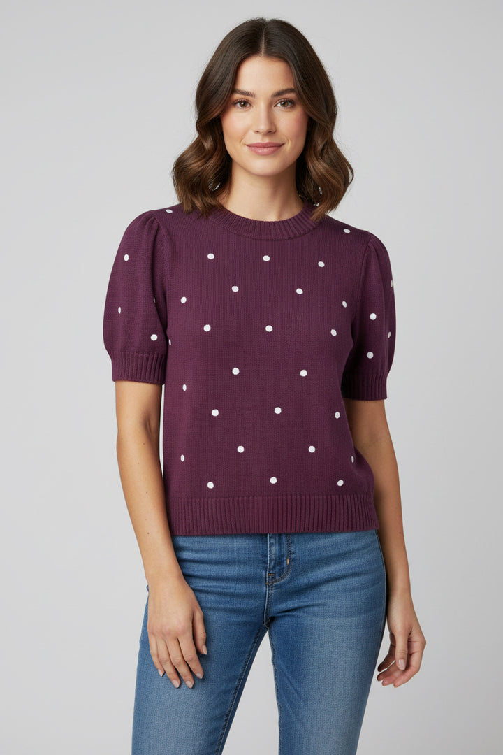 ROUND NECK PUFF SHORT SLEEVE "POLKA DOT" EMBROIDERED SWEATER TOP
