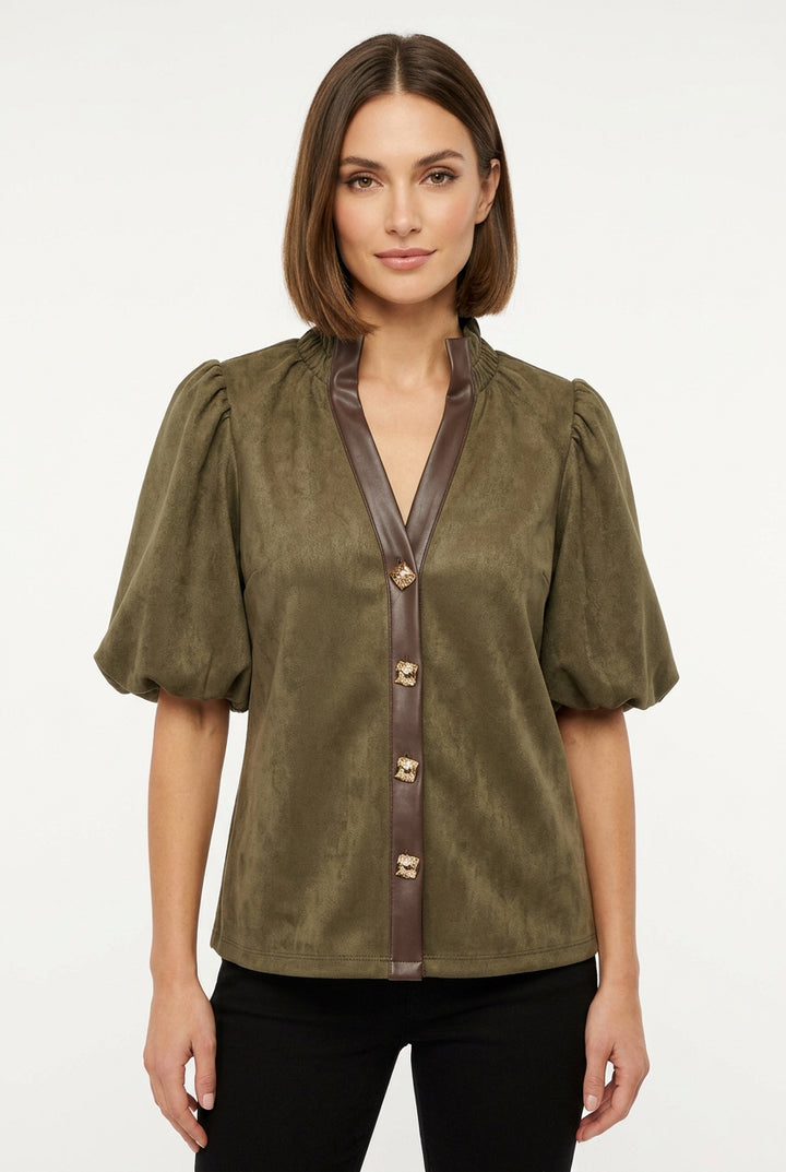 SUEDE TOP WITH LEATHER BAND AND GOLD BUTTONS