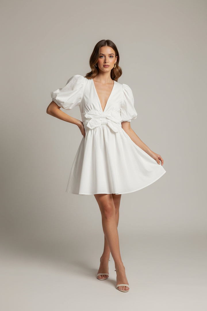 VNECK MINI DRESS WITH BUBBLE SLEEVE & FRONT BOW DETAIL