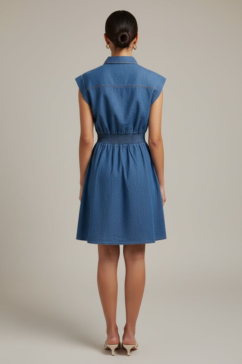 DENIM ZIP UP MINI DRESS WITH POCKETS